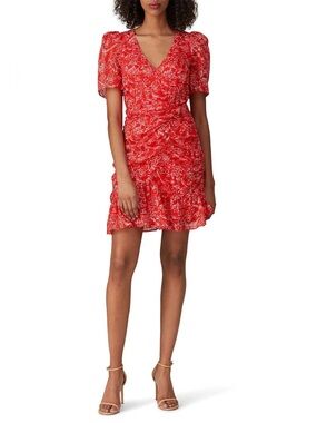 Parker Krislyn Red Floral V-Neck Ruched Mini Dress Size 12 100% Silk